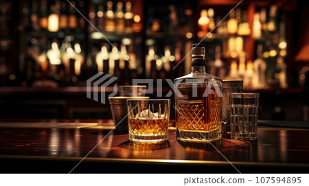 Whiskey bottles and glasses on the bar counter Whiskey bottles and glasses on the bar counter 107594895