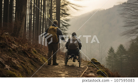 the man on wheelchair and friend trekking on the mountains forest the man on wheelchair and friend trekking on the mountains forest 107595083