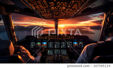 View from the inside of the cockpit with the captain on the sky cloudy during sunrise View from the inside of the cockpit with the captain on the sky cloudy during sunrise 107595114