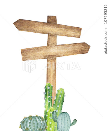 Watercolor painting of wooden signpost with cactus. 107595213
