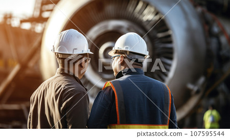 Two Engineer talking at engine airplane constructions site 107595544