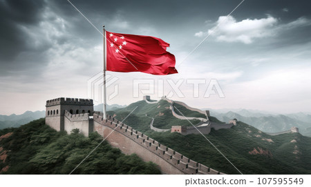 China flag on the great Wall of China landscape 107595549