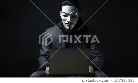 portrait hacker wearing suit holding the laptop on grey isolated background 107595593