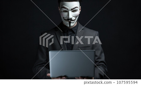 portrait hacker wearing suit holding the laptop on grey isolated background 107595594