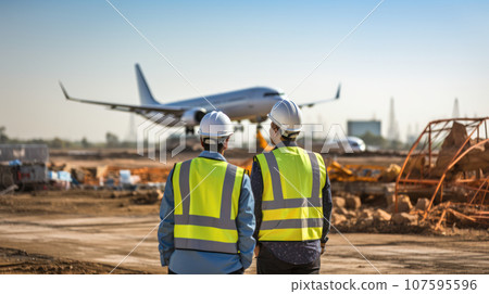 Two Engineer talking at engine airplane constructions site Two Engineer talking at engine airplane constructions site 107595596