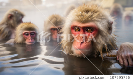 The monkey in the onsen with snowy The monkey in the onsen with snowy 107595756
