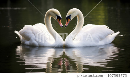 Two white swans , necks forming the shape of a love heart Two white swans , necks forming the shape of a love heart 107595773