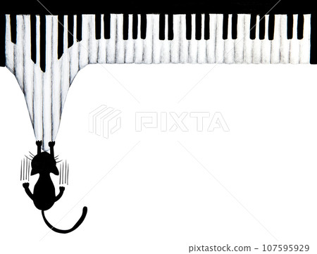 Hand drawn of Black cat scratching piano 107595929