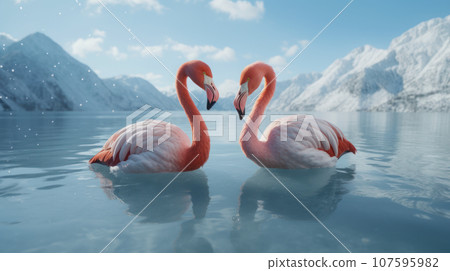 Two flamingos, necks forming the shape of a love heart on the lake Two flamingos, necks forming the shape of a love heart on the lake 107595982