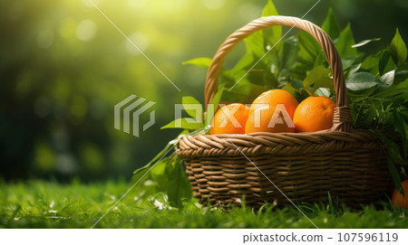 Orange on the basket on the wooden, green grass background 107596119