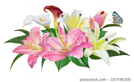 Pink and yellow Lily flower bouquet isolated on white background Pink and yellow Lily flower bouquet isolated on white background 107596300