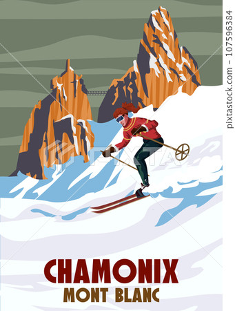 Travel poster Ski Chamonix resort vintage. France winter landscape travel card 107596384
