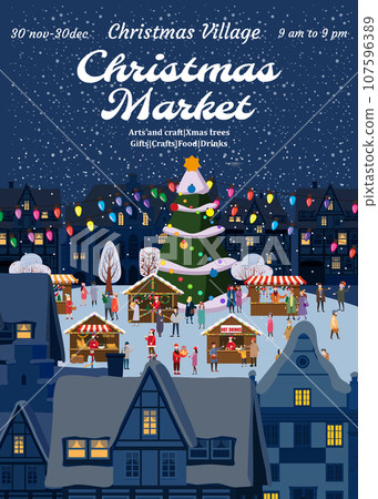 Poster Christmas Market, city square. Xmas fair card with decorated Christmas tree 107596389