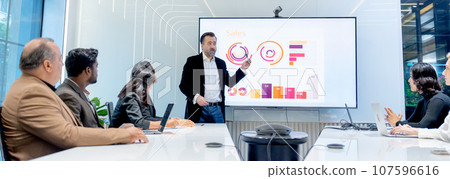 Business manager man present and explain about the progress of the project to his colleagues 107596616