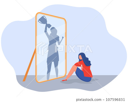 imposter syndrome,businesswoman sitting Anxiety and lack of self confidence at work vector 107596831