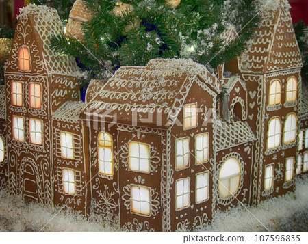 Christmas and new year decorations, Christmas installation, a city made of gingerbread. 107596835