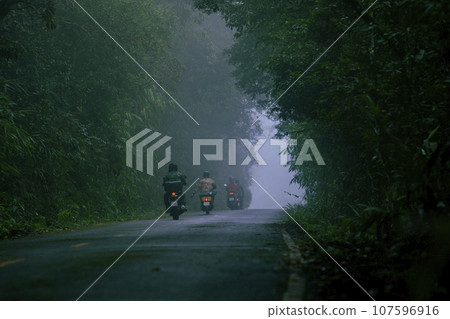 group of biker riding on foggy mountain road at khaoyai national park one of most popular traveling destination in thailand group of biker riding on foggy mountain road at khaoyai national park one of most popular traveling destination in thailand 107596916