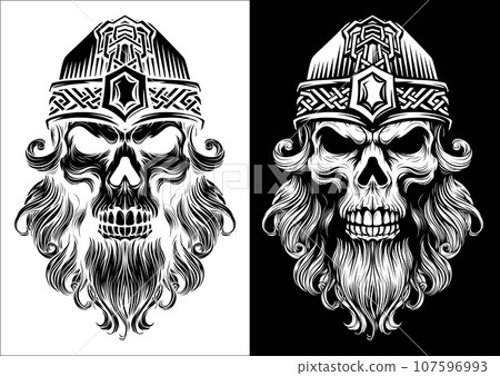 Viking Warrior Skull Man Mascot Face in Helmet 107596993
