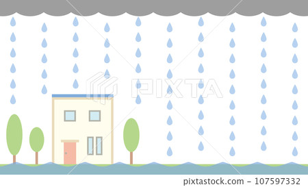 淹沒在雨雲和雨水下的兩層方形房屋的插圖 107597332