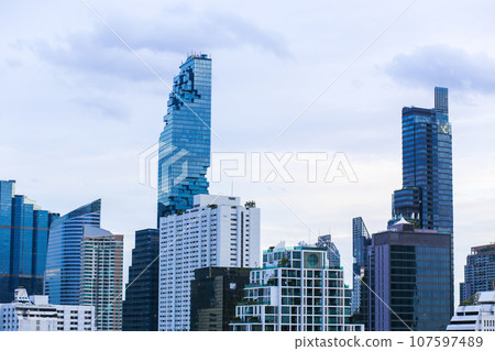 view of Mahanakhon building and other high building in Thailand on the sunny day 107597489
