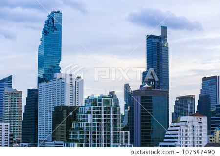 Aerial view of Mahanakhon building and other high building in Bangkok City on the sunny day Aerial view of Mahanakhon building and other high building in Bangkok City on the sunny day 107597490