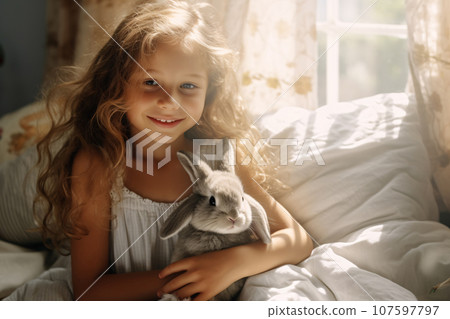 Heartwarming relationship between girl and her beloved pet bunny. Cute animal. Moments of tenderness. Girl and her bunny rabbit share moments of love and joy. Furry rabbit companion. Generative AI. 107597797