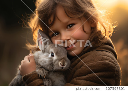 Heartwarming relationship between girl and her beloved pet bunny. Cute animal. Moments of tenderness. Girl and her bunny rabbit share moments of love and joy. Furry rabbit companion. Generative AI. 107597801