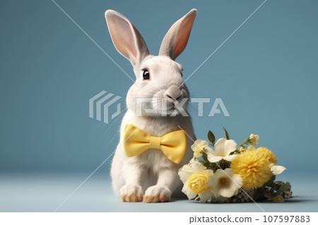 White rabbit in a yellow bow tie sits next to a bouquet of flowers. Full-size shot of a hare on an isolated blue background. Holiday, wedding, birthday. White rabbit in a yellow bow tie sits next to a bouquet of flowers. Full-size shot of a hare on an isolated blue background. Holiday, wedding, birthday. 107597883