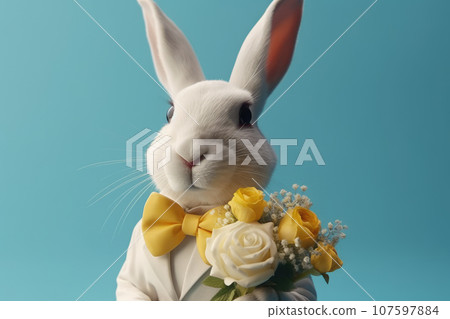 White rabbit in a classic jacket and bow tie with a bouquet of flowers. Formally dressed handsome groom with beige and yellow roses. Portrait on an isolated blue background. Wedding. White rabbit in a classic jacket and bow tie with a bouquet of flowers. Formally dressed handsome groom with beige and yellow roses. Portrait on an isolated blue background. Wedding. 107597884