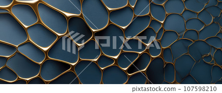 Abstract wavy blue marble background with golden veins, stone texture, liquid paint, gold foil and glitter decor, painted artificial marbled surface. Generative AI. 107598210