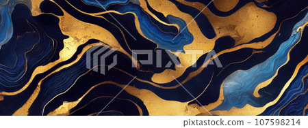 Abstract wavy blue marble background with golden veins, stone texture, liquid paint, gold foil and glitter decor, painted artificial marbled surface. Generative AI. 107598214