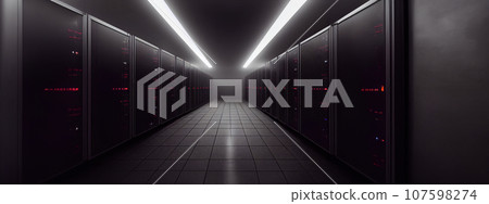 Dark Server racks in computer network security server room data center. Generative AI. 107598274