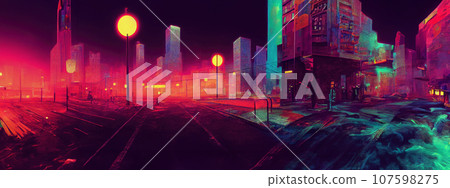 Cyberpunk neon city night. Futuristic city scene in a style of pixel art. 80's wallpaper. Retro future. Generative AI illustration. Urban scene. 107598275
