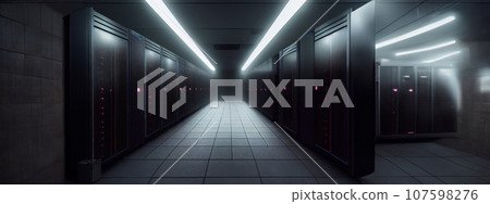 Dark Server racks in computer network security server room data center. Generative AI. 107598276