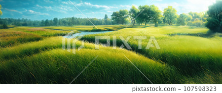 Green field, tree and blue sky. Great as a background,web banner. Generative AI. Green field, tree and blue sky. Great as a background,web banner. Generative AI. 107598323