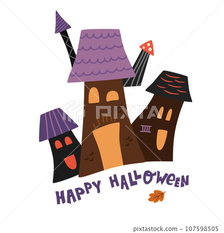 Halloween house isolated element hand drawn in funny cartoon style. Vector scary castle 107598505