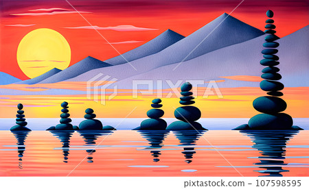 Zen stone in balance in sunset landscape - AI generated Zen stone in balance in sunset landscape - AI generated 107598595