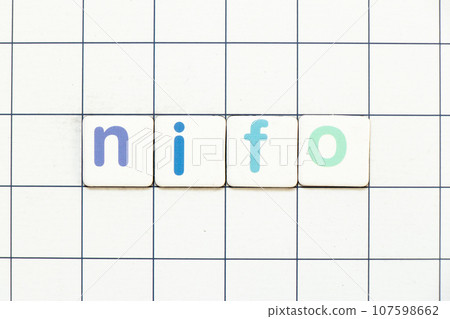 Colorful tile letter in word NIFO (abbreviation of next in first out) on white grid background Colorful tile letter in word NIFO (abbreviation of next in first out) on white grid background 107598662