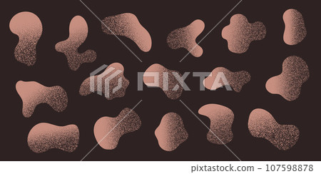 Beige Amoeba blob with gritty texture, organic abstract shape. Set of Liquid amorphous shapes, fluid blotch collection. Dust grain gradient on dark background. 107598878