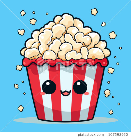Cute kawaii smiling popcorn in basket in flat clipart style Cute kawaii smiling popcorn in basket in flat clipart style 107598950