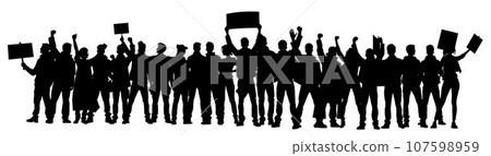 Protesters, enraged crowd of people silhouette. Silhouettes of crowd of people with raised up hands and flags. Iconic protester raised fist isolated 107598959