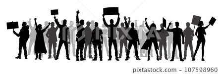 Protesters, enraged crowd of people silhouette. Silhouettes of crowd of people with raised up hands and flags. Iconic protester raised fist isolated 107598960