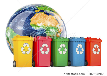 Recycling trash cans with Earth Globe, 3d rendering 107598965