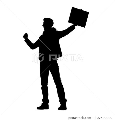 Protesters, enraged crowd of people silhouette. Silhouettes of crowd of people with raised up hands and flags. Iconic protester raised fist isolated 107599000