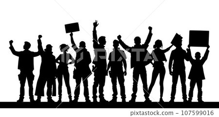 Protesters, enraged crowd of people silhouette. Silhouettes of crowd of people with raised up hands and flags. Iconic protester raised fist isolated 107599016
