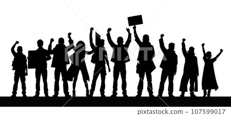 Protesters, enraged crowd of people silhouette. Silhouettes of crowd of people with raised up hands and flags. Iconic protester raised fist isolated 107599017