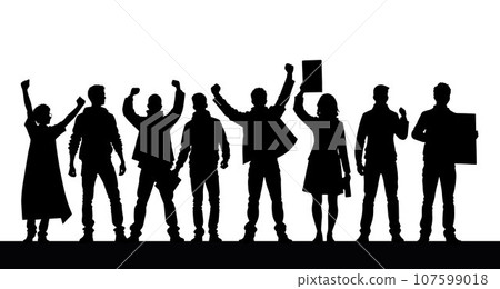 Protesters, enraged crowd of people silhouette. Silhouettes of crowd of people with raised up hands and flags. Iconic protester raised fist isolated 107599018