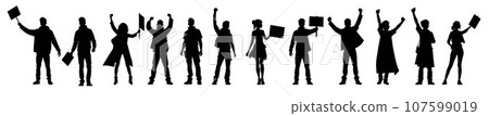 Protesters, enraged crowd of people silhouette. Silhouettes of crowd of people with raised up hands and flags. Iconic protester raised fist isolated 107599019