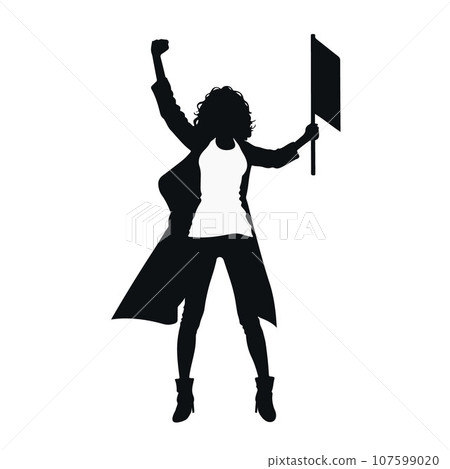 Protesters, enraged crowd of people silhouette. Silhouettes of crowd of people with raised up hands and flags. Iconic protester raised fist isolated 107599020