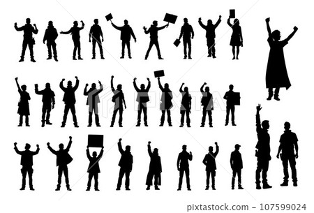 Protesters, enraged crowd of people silhouette. Silhouettes of crowd of people with raised up hands and flags. Iconic protester raised fist isolated 107599024